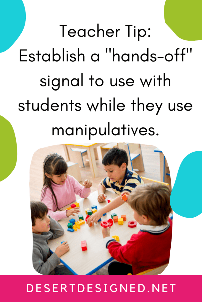 Students working with models. Text: Teacher Tip - Establish a "hands-off" signal to use with students when they use manipulatives.