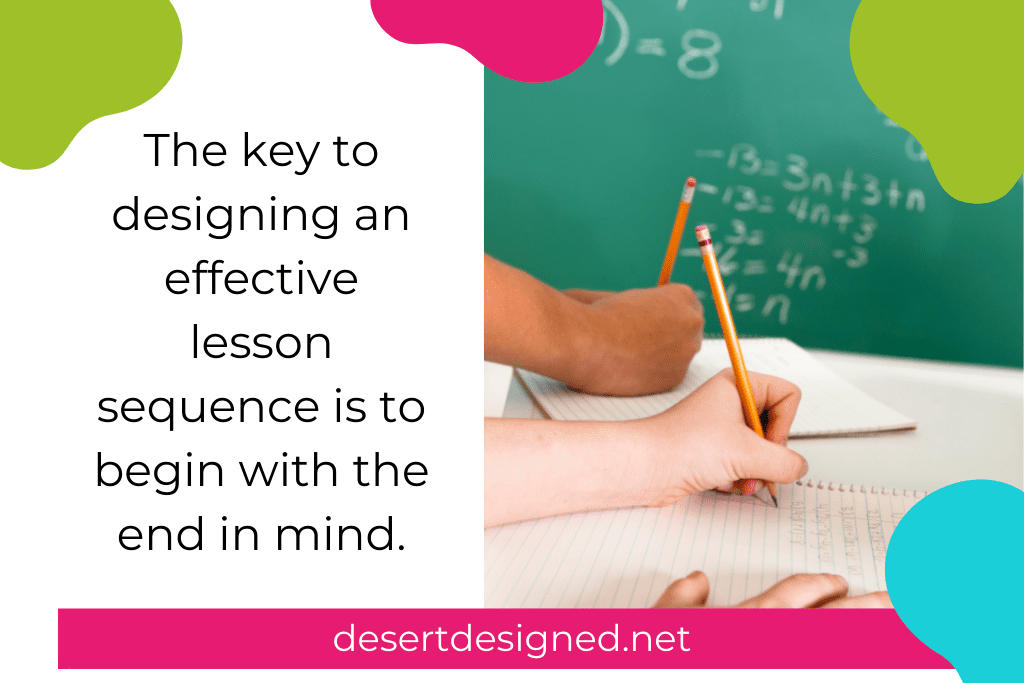Students writing with a quote: the key designing an effective lesson sequence is to begin with the end in mind.