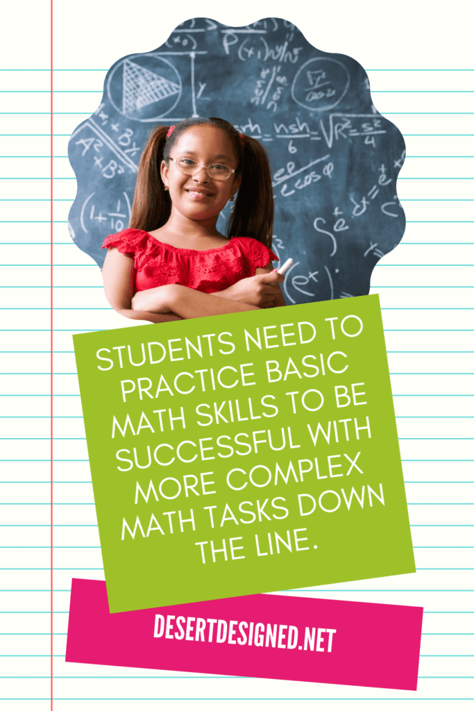 Female math student and text: Students need to practice basic math skills to be successful with more complex math tasks down the line.