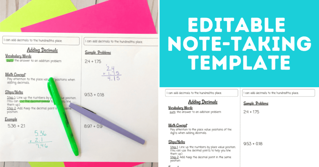 Images of a free, editable note-taking template.