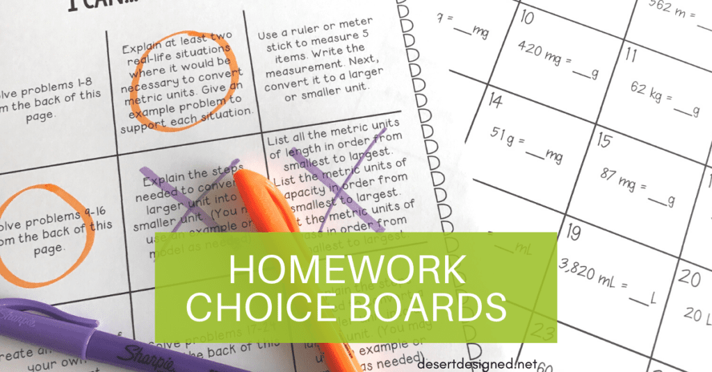 Upper Elementary Homework Choice Boards for Math