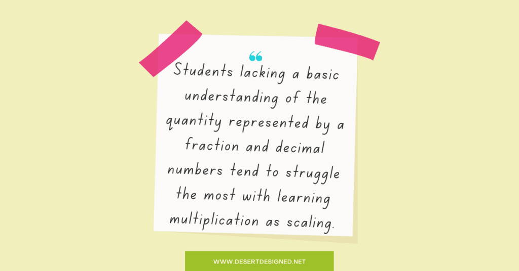 Students lacking a basic understanding of the quantity represented by a fraction and decimal numbers tend to struggle the most with learning multiplication as scaling. 